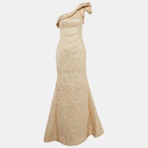 Jovani Beige Lurex Jacquard Ruffled One-shoulder Gown M, Dresses - Luxury Closet