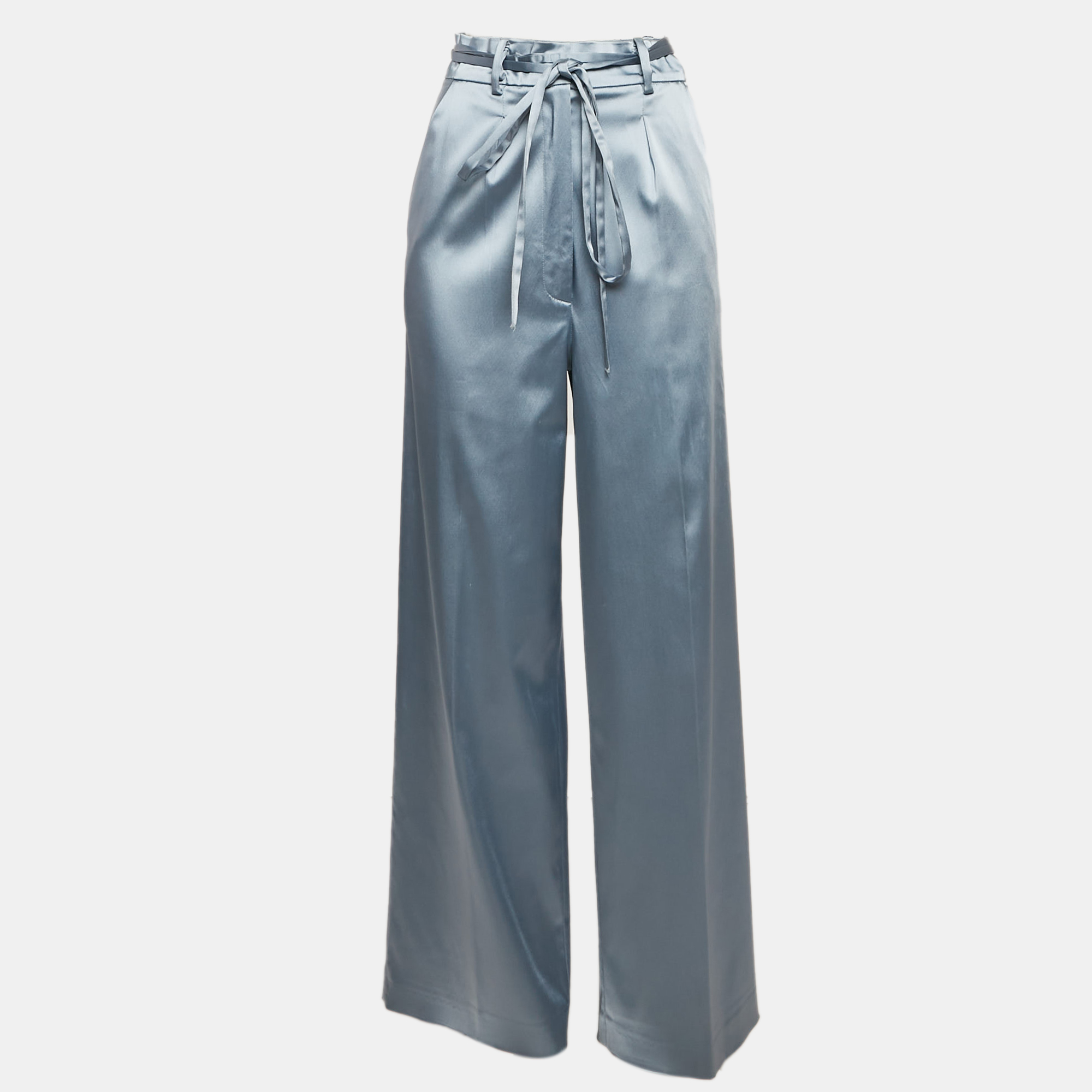 Just Cavalli Blue Satin Wide-Leg Belted Trousers S, Clothing - Luxury Closet catalog