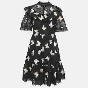 Kate Spade Black Butterfly Embroidery Lace Ruffled Short Dress M, Dresses - Luxury Closet