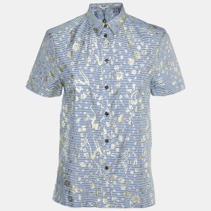 Kenzo Blue/White Metallic Print Cotton Short Sleeve Shirt S, Shirts & Tops - Luxury Closet