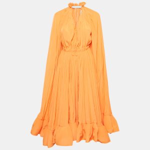 Lanvin Orange Crepe Ruffled Cape Style Charmeuse Midi Dress S, Dresses - Luxury Closet catalog