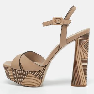 Le Silla Beige Printed Leather Ankle Strap Platform Sandals Size 39, Sandals - Luxury Closet