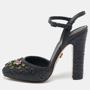 Le Silla Black Leather and Raffia Crystal Embellished Ankle Strap Sandals Size 36, Sandals - Luxury Closet