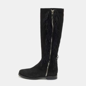 Le Silla Black Suede Fringe Trim Knee Length Boots Size 37.5, Boots - Luxury Closet catalog
