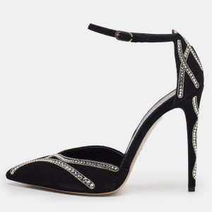 Le Silla Black Suede Crystal Embellished Mary Jane Pumps Size 38.5, Pumps - Luxury Closet