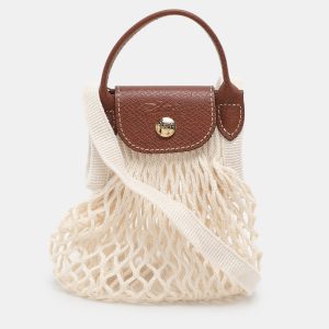 Longchamp White/Brown Crochet and Leather Le Pliage Filet Crossbody, Handbags - Luxury Closet catalog