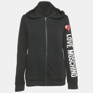 Love Moschino Black Logo Print Cotton Knit Zip-Up Sweatshirt M, Sweaters & Cardigans - Luxury Closet catalog