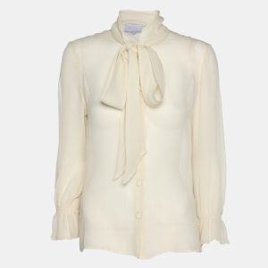 Luisa Beccaria Off White Chiffon Scarf Neck Button Front Blouse S, Shirts & Tops - Luxury Closet