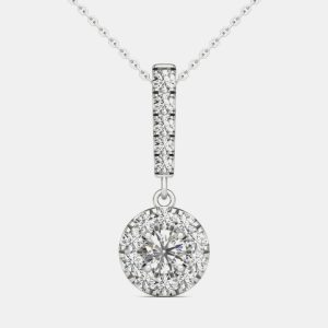 14K White Gold Natural Diamond Halo Stick Pendant Necklace (0.50 Ctw), Necklaces - Luxury Closet catalog