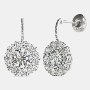 14K White Gold Natural Diamond Dangle Halo Screw Back Earrings (2.20 Ctw), Earrings - Luxury Closet