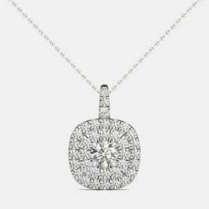 14K White Gold Natural Diamond Double Halo Pendant (1.00 Ctw), Necklaces - Luxury Closet