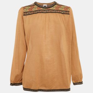M Missoni Brown Wool Blend Knit Contrast Patterned Knit Trim Detail Top L, Shirts & Tops - Luxury Closet