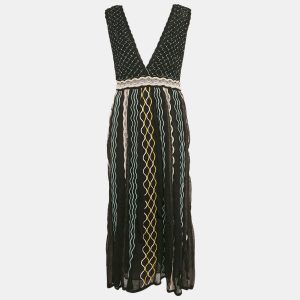 M Missoni Black/Blue Patterned Knit Plunge Neck Midi Dress L, Dresses - Luxury Closet