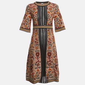 M Missoni Brown Floral Pattern Knit Lace Trim Midi Dress S, Dresses - Luxury Closet
