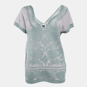 M Missoni Ice Blue Lurex Textured Knit V-Neck Top L, Sweaters & Cardigans - Luxury Closet