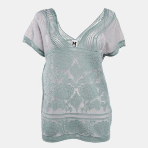 M Missoni Ice Blue Lurex Textured Knit V-Neck Top L, Sweaters & Cardigans - Luxury Closet