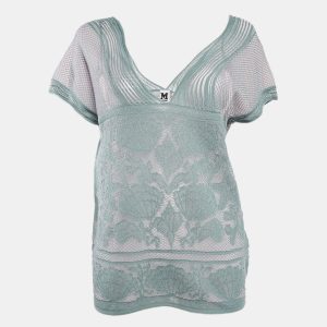 M Missoni Ice Blue Lurex Textured Knit V-Neck Top M, Sweaters & Cardigans - Luxury Closet