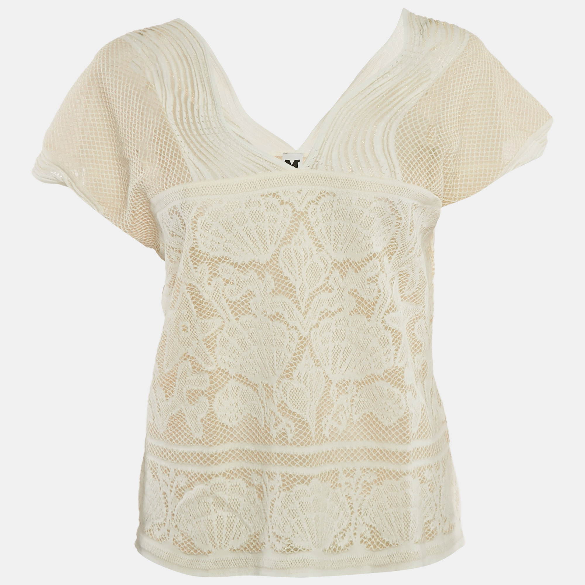 M Missoni White Patterned Lurex Knit V-Neck Top M, Shirts & Tops - Luxury Closet catalog