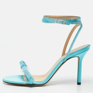 Mach & Mach French Bow Size 37.5 Blue PVC and Satin Ankle Strap Sandals, Sandals - Luxury Closet