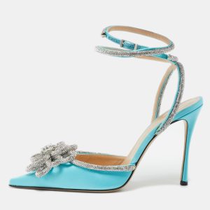 Mach & Mach Blue Satin Crystal Flower Pumps Size 39.5, Pumps - Luxury Closet