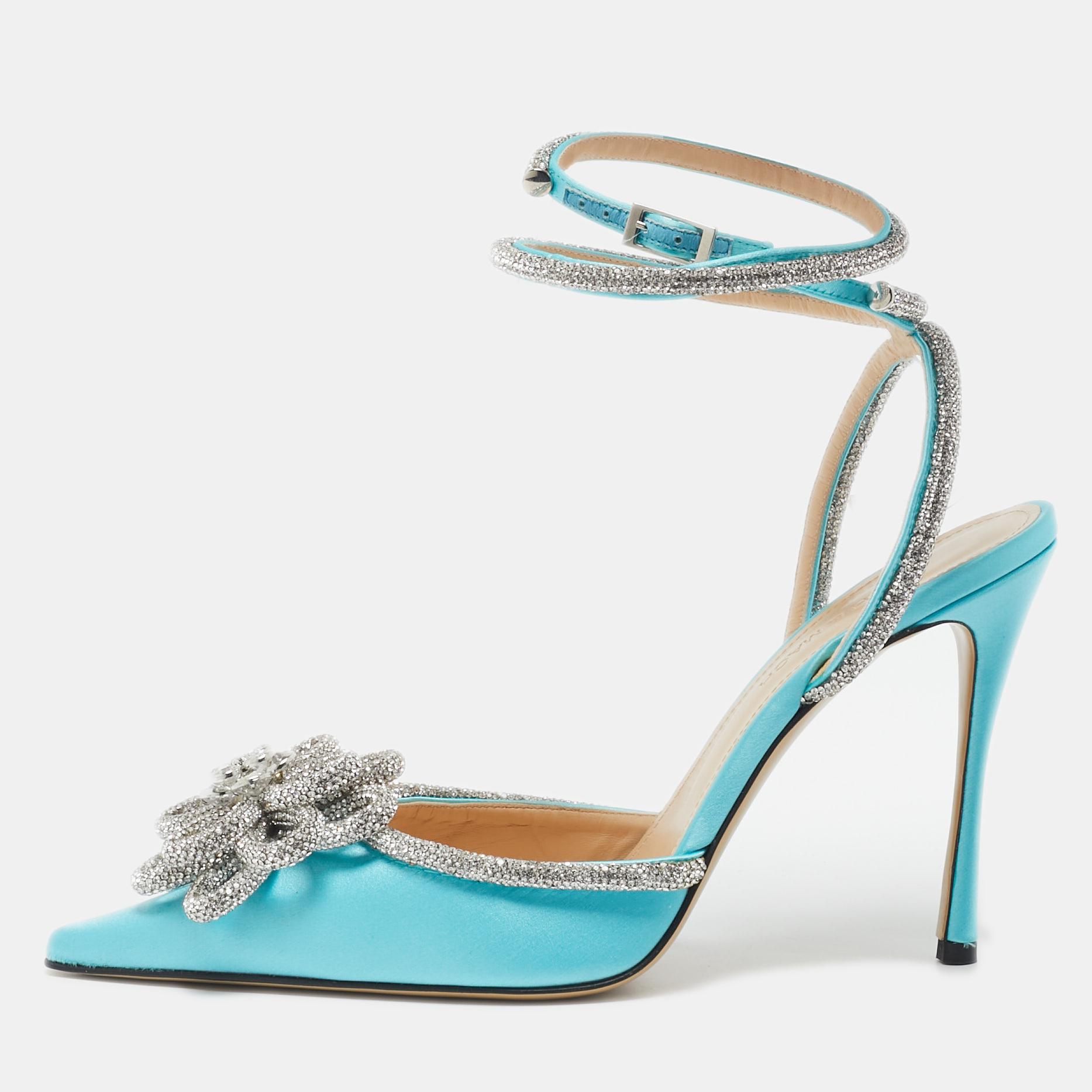 Mach & Mach Blue Satin Crystal Flower Pumps Size 39.5, Pumps - Luxury Closet