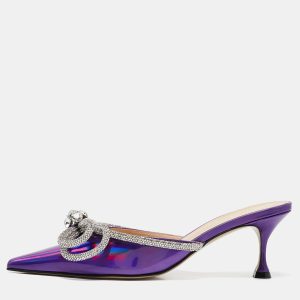 Mach & Mach Purple Iridescent Leather Crystal Embellished Double Bow Mules Size 37, Sandals - Luxury Closet catalog