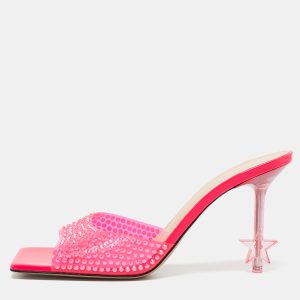 Mach & Mach Neon Pink PVC Crystal Embellished Star Slide Sandals Size 40, Sandals - Luxury Closet