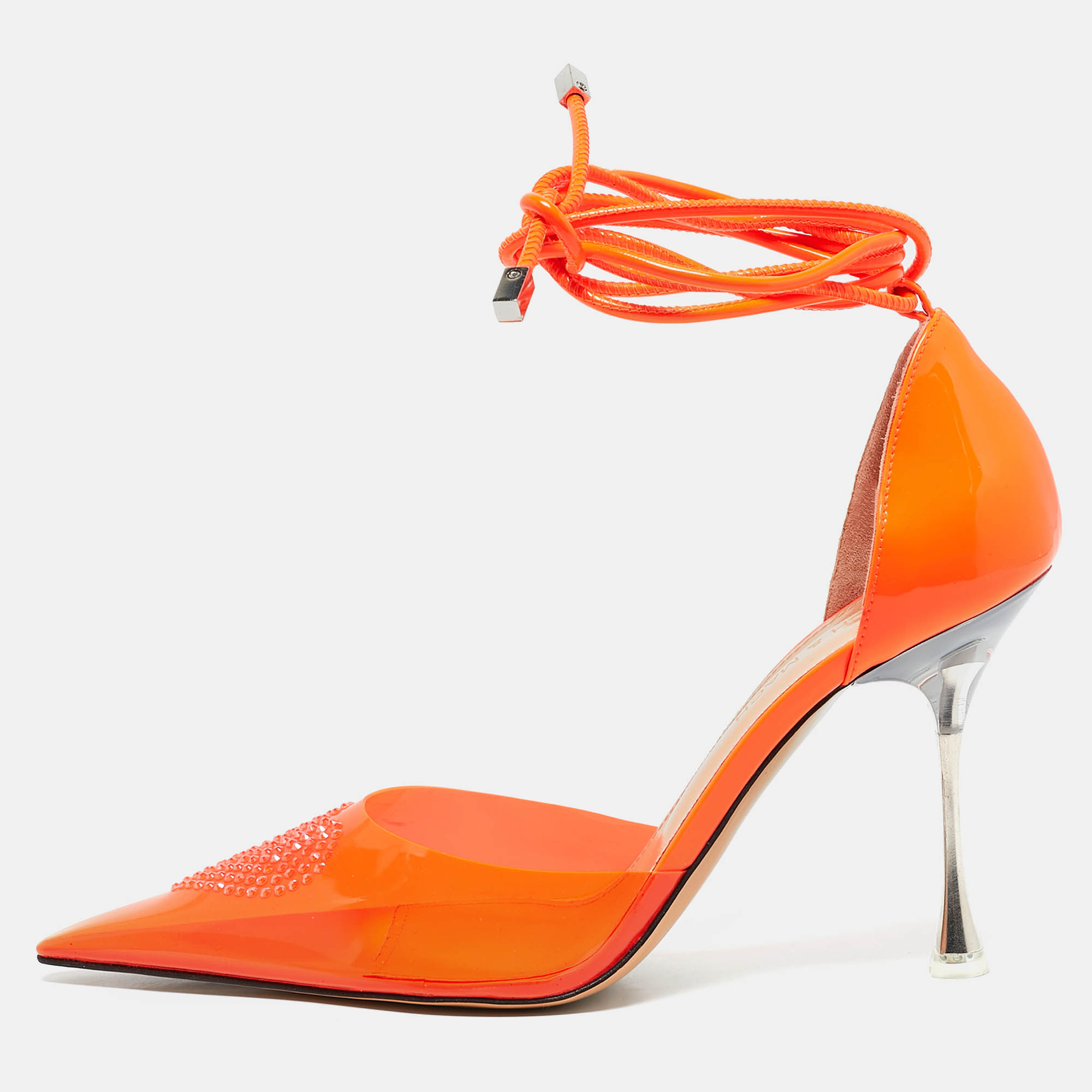 Mach & Mach Neon Orange Leather and PVC Crystal Embellished Heart Ankle Tie Pumps Size 38, Pumps - Luxury Closet