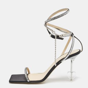 Mach & Mach Black Satin Crystal Embellished Heart Ankle Strap Sandals Size 41, Sandals - Luxury Closet