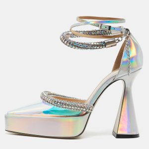 Mach & Mach Silver Iridescent PVC Crystal Embellished Kimberly Platform Pumps Size 38, Pumps - Luxury Closet