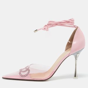 Mach & Mach Pink Leather and PVC Crystal Embellished Bow Ankle Wrap Sandals Size 40.5, Pumps - Luxury Closet