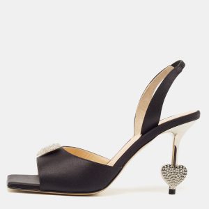 Mach & Mach Black Satin Crystal Heart Slingback Sandals Size 37.5, Sandals - Luxury Closet
