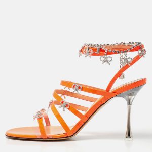 Mach & Mach Neon Orange Patent Leather Crystal Bow Camille Sandals Size 38, Sandals - Luxury Closet
