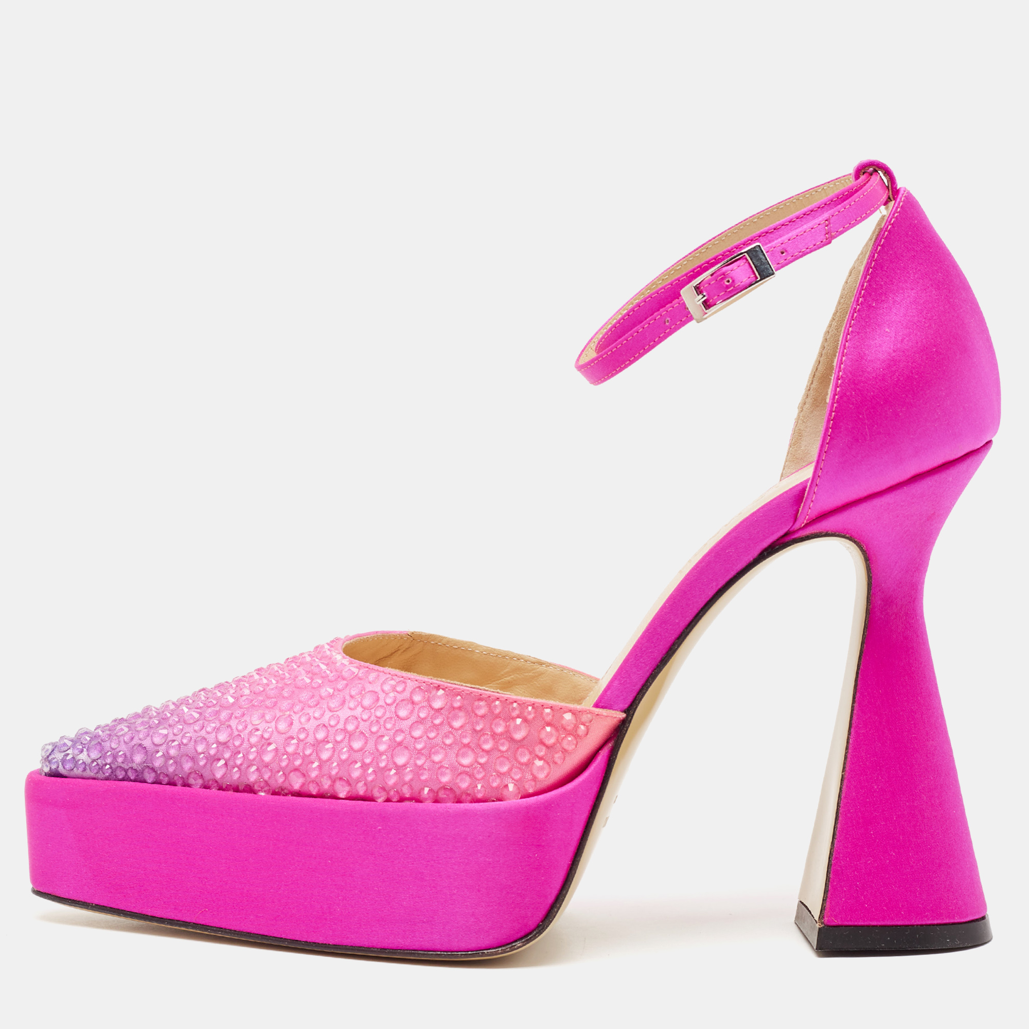 Mach & Mach Pink Satin Galaxy Crystalized Platform Pumps Size 36, Pumps - Luxury Closet