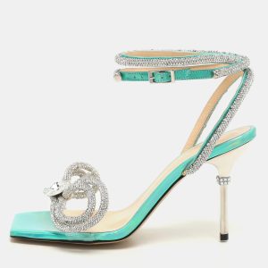 Mach & Mach Multicolor Iridescent Leather and PVC Crystal Embellished Bow Ankle Wrap Sandals Size 37, Sandals - Luxury Closet