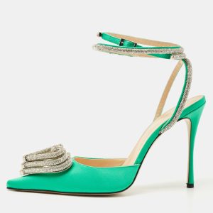 Mach & Mach Green Satin Crystal Embellished Triple Heart Ankle Wrap Pumps&nbsp;Size 41, Pumps - Luxury Closet