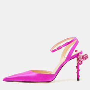 Mach & Mach Fuchsia Satin Wonder Tulip Ankle Strap Pumps Size 37, Pumps - Luxury Closet