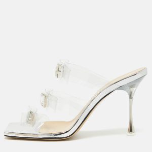 Mach & Mach Silver PVC and Patent Leather French Triple Bow Sandals Size 36.5, Sandals - Luxury Closet