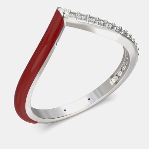 Dark Red Ceramic Chevron Style Sterling Silver Lab Grown Diamond Ring US 7, Rings - Luxury Closet