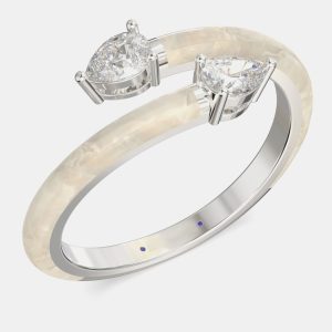 Pearl White Ceramic Pear Shaped Classic Bypass Style Sterling Silver Lab Grown Diamond Ring US 7, Rings - Luxury Closet