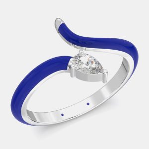 Dark Blue Ceramic Pear Shaped Contemporary Bypass Sterling Silver Lab Grown Diamond Ring US 7, Rings - Luxury Closet