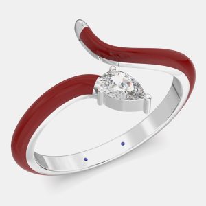 Bright Red Ceramic Pear Shaped Contemporary Bypass Sterling Silver Lab Grown Diamond Ring US 7, Rings - Luxury Closet