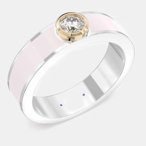 14K Yellow Gold Classic Light Pink Ceramic Sterling Silver Lab Grown Diamond Round Band US 7, Rings - Luxury Closet