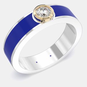 14K Yellow Gold Classic Dark Blue Ceramic Sterling Silver Lab Grown Diamond Round Bezel Set Band US 7, Rings - Luxury Closet