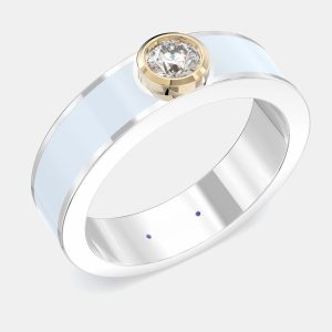 14K Yellow Gold Classic Light Blue Ceramic Round Sterling Silver Lab Grown Diamond Bezel Set Band US 7, Rings - Luxury Closet