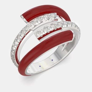 Bright Red Ceramic Sterling Silver Lab Grown Diamond Double Bypass Two Row Accented Ring US 7, Rings - Luxury Closet