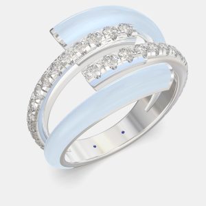 Light Blue Ceramic Sterling Silver Lab Grown Diamond Double Bypass Two Row Accented Ring US 7, Rings - Luxury Closet