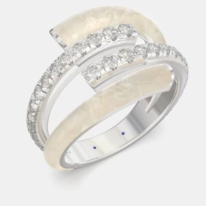 Pearl White Ceramic Sterling Silver Lab Grown Diamond Bypass Single Row Accented Ring US 7, Rings - Luxury Closet