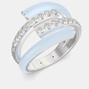 Light Blue Ceramic Sterling Silver Lab Grown Diamond Bypass Single Row Accented Ring US 7, Rings - Luxury Closet catalog