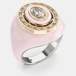 Pink Ceramic Sterling Silver Lab Diamond Signet Ring US 7, Rings - Luxury Closet catalog